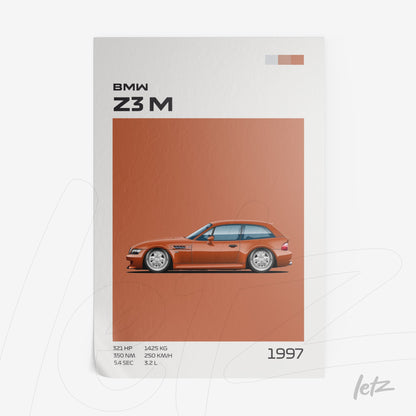 framed artwork featuring a 1997 BMW Z3 M illustration on an orange background with white accents