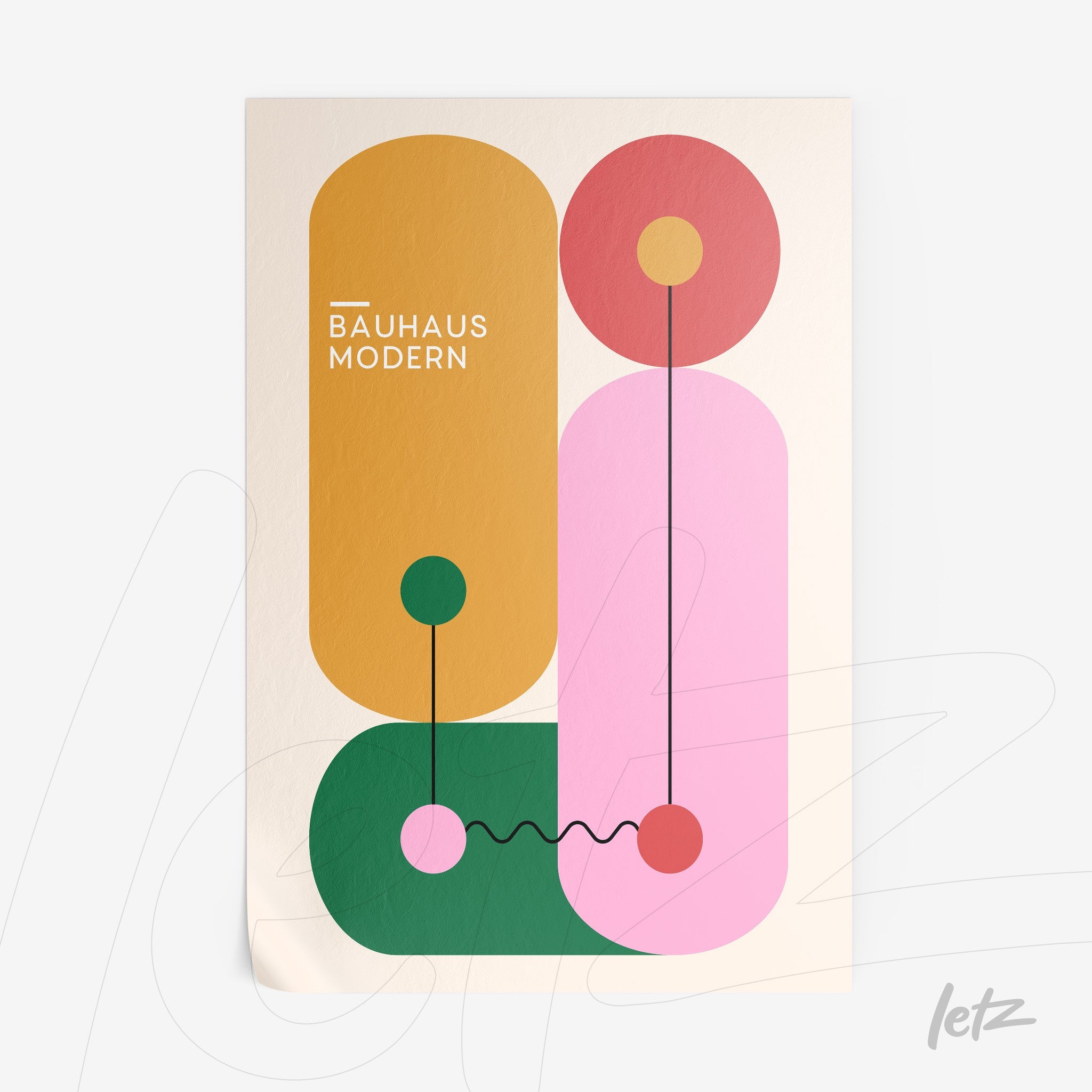 abstract poster illustration in bauhaus style featuring brown, pink, and green shapes on beige background