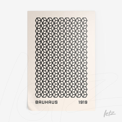 poster featuring black geometric pattern on white background with text bauhaus 1919