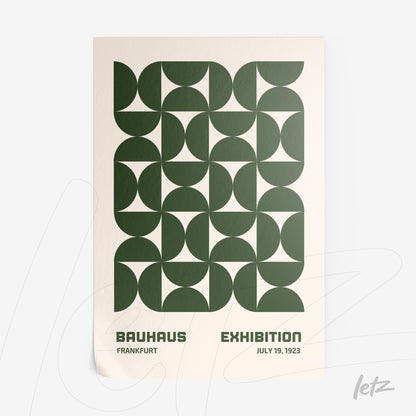 poster print featuring dark green geometric art and text of the 1923 Bauhaus exhibition