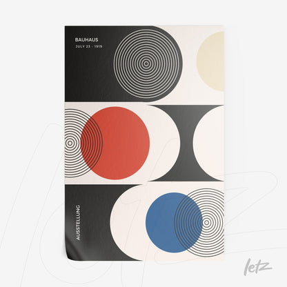 poster print featuring geometric design inspired by Bauhaus movement with concentric circles in black, red, and blue on a light background