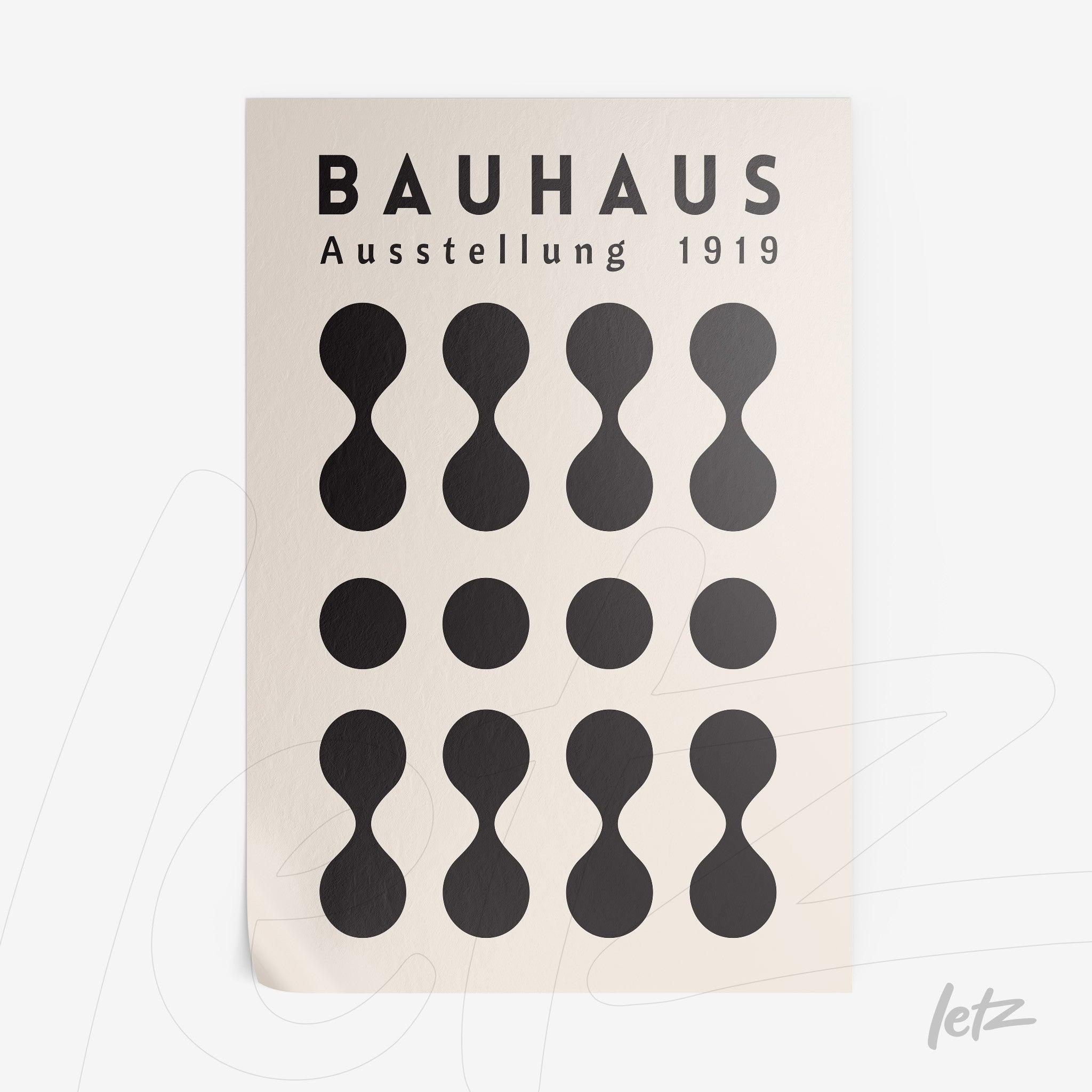 poster featuring geometric Bauhaus style design from 1919 with black shapes on a cream background