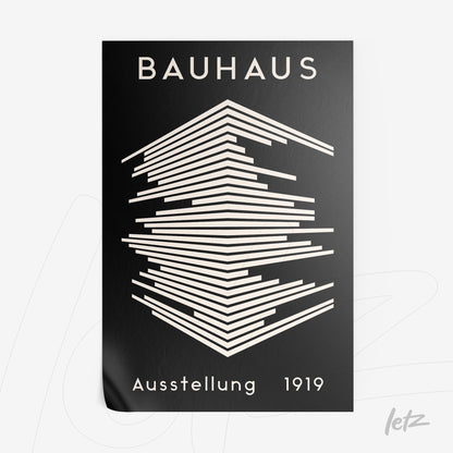 poster print featuring geometric line design in white on a black background with the text 'Bauhaus Ausstellung 1919'