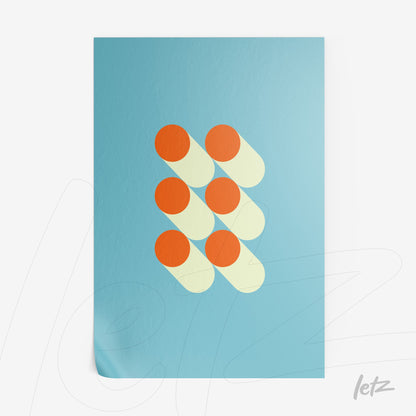 poster with minimalist design of orange circles on light blue background