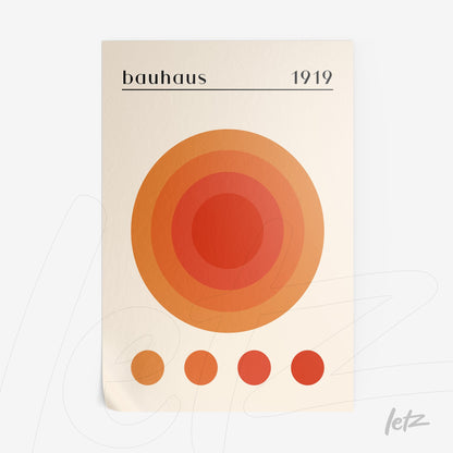 poster print featuring bauhaus design with concentric circles in shades of orange and red with text at the top