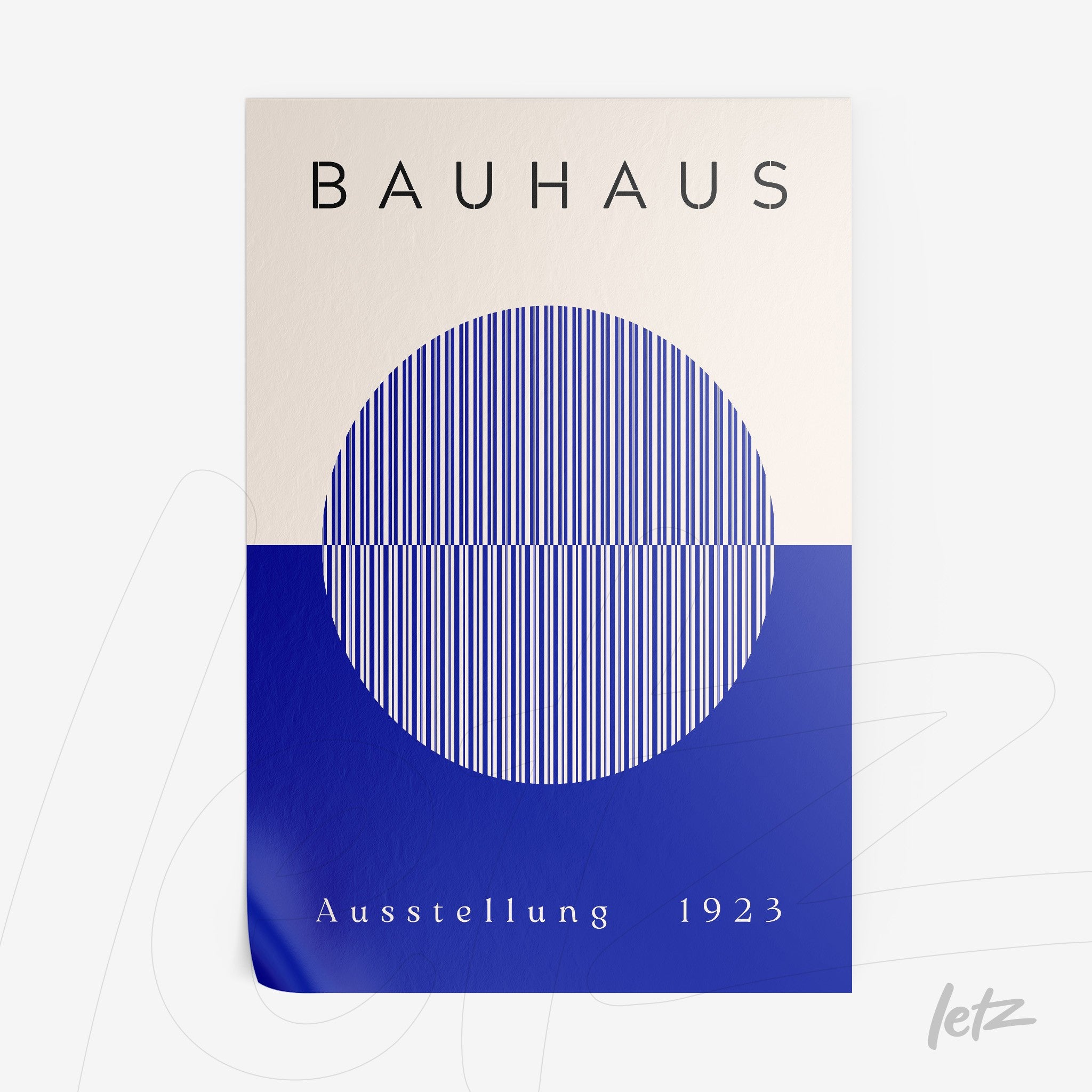poster print with bauhaus design featuring geometric shapes in blue and white tones
