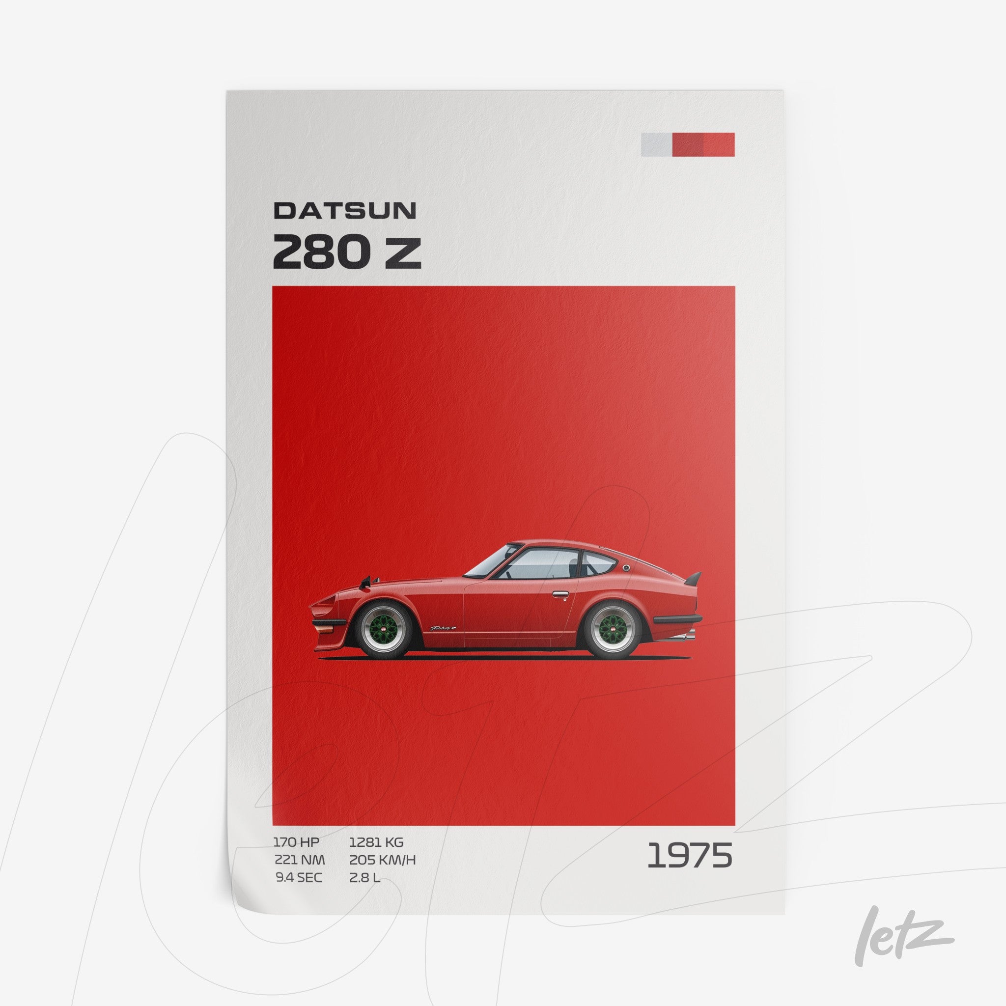 framed artwork of Datsun 280 Z car illustration on vibrant red background