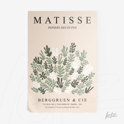 framed artwork featuring floral illustration in shades of green and white on a neutral background with stylized typography