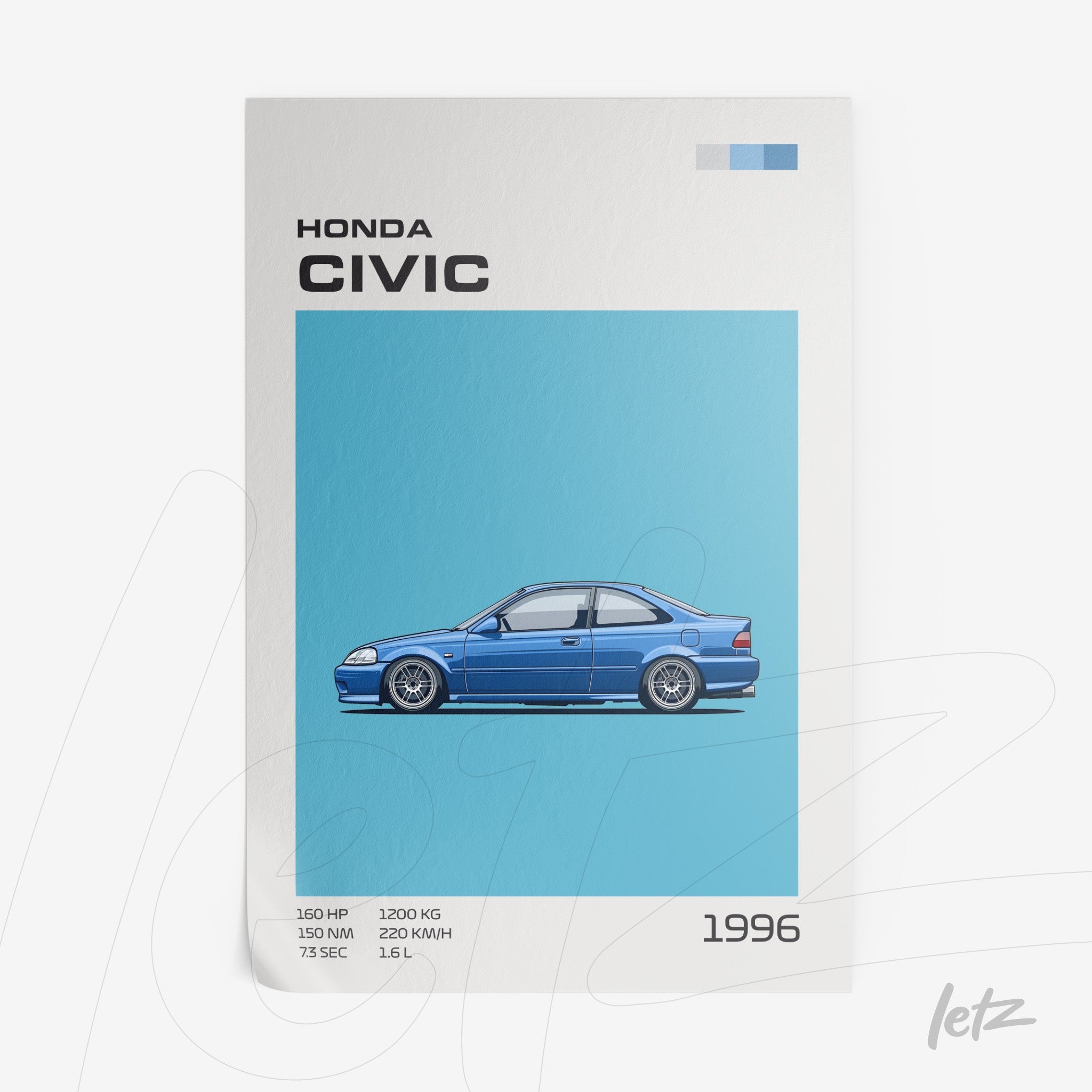 framed wall art featuring illustration of 1996 Honda Civic on light blue background