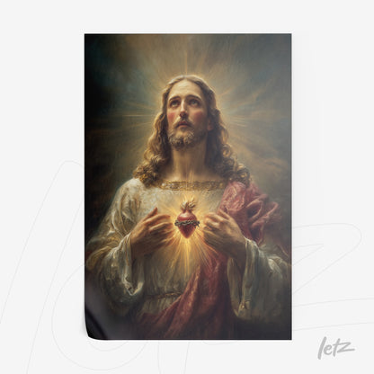 classic depiction of jesus christ with a contemplative expression holding an illuminated heart wearing white and red garments
