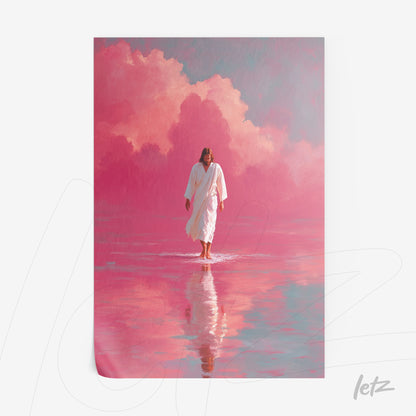 digital art print of a religious figure walking on water in a pink scenario with soft clouds
