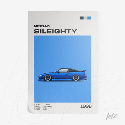 framed art featuring Nissan Sileighty illustration on vibrant blue background