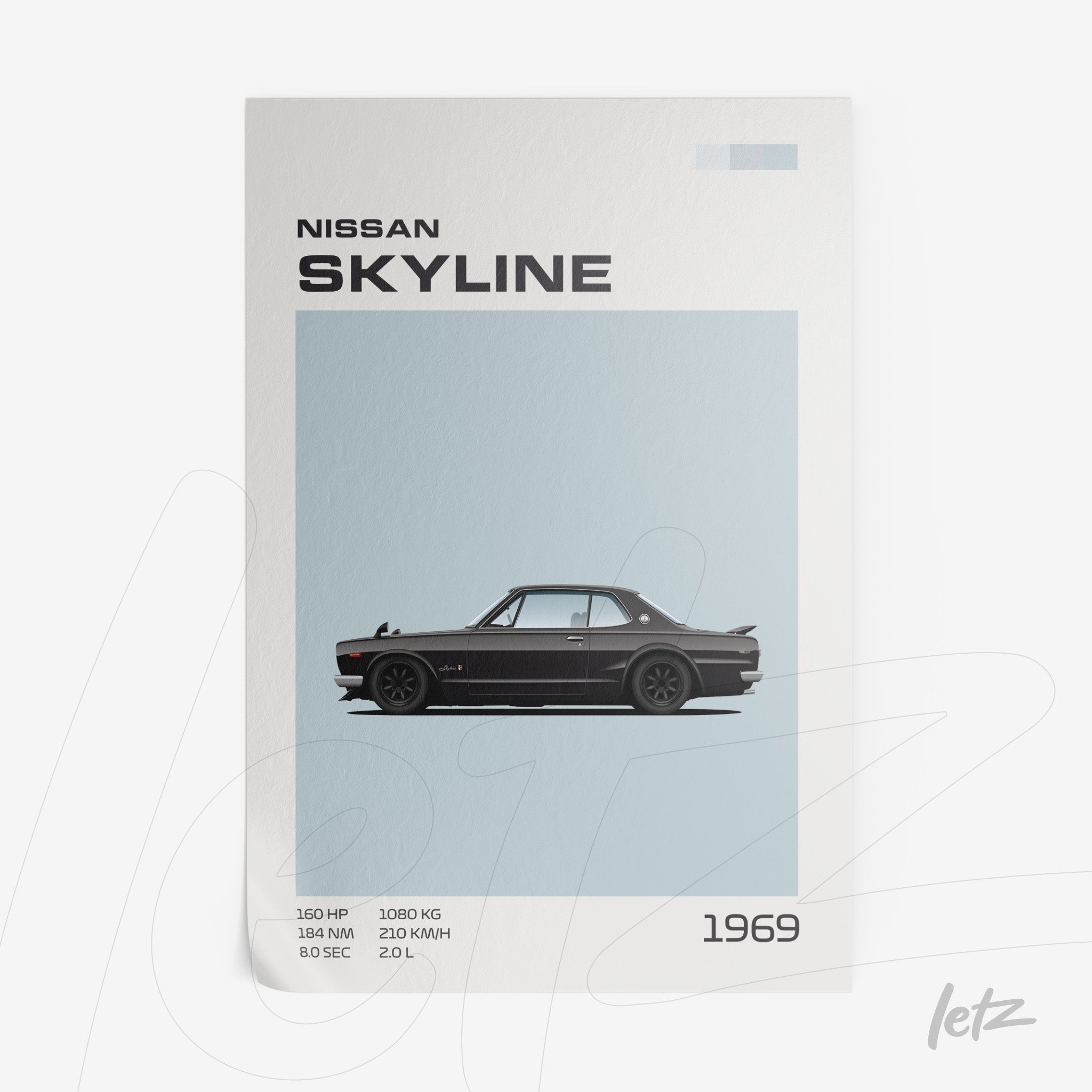 graphic art print of 1969 Nissan Skyline car against a light blue background