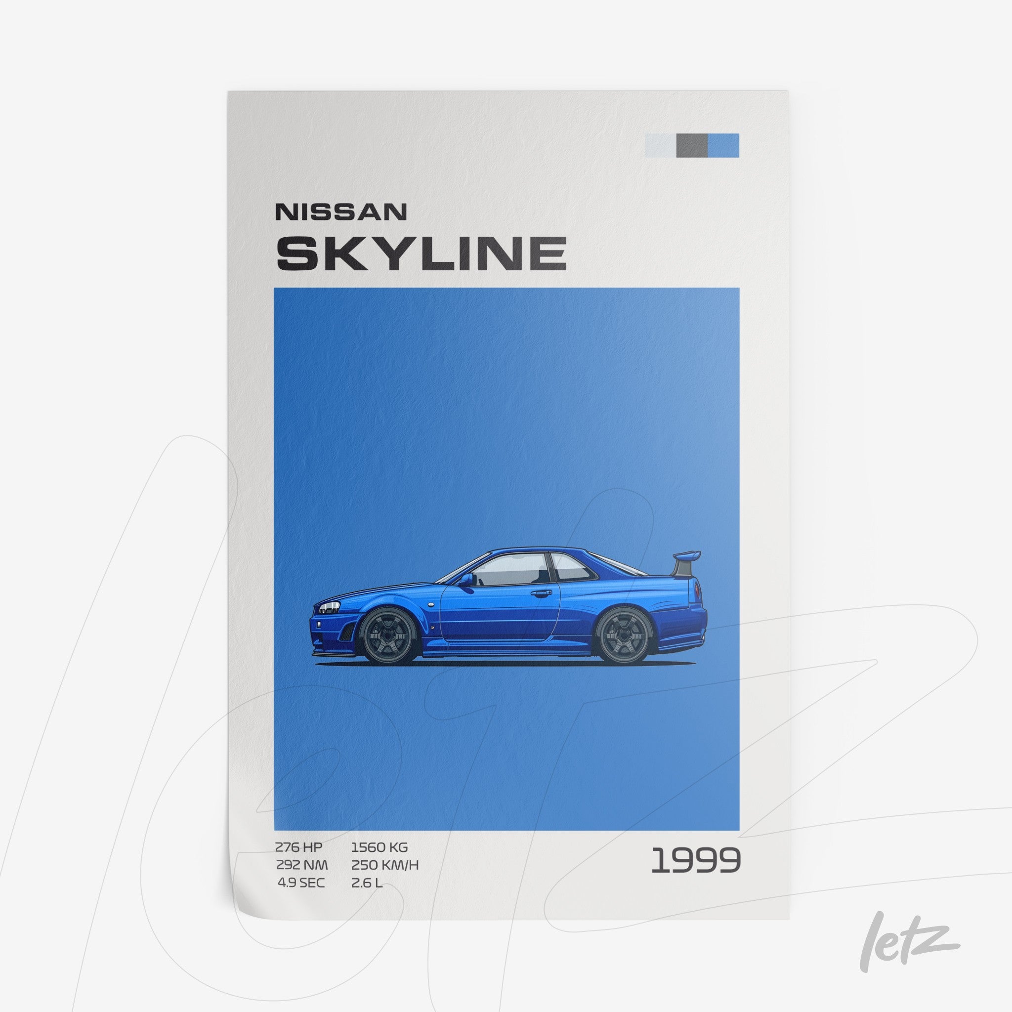 illustration of a blue Nissan Skyline car on a vibrant blue background with detailed information beside it