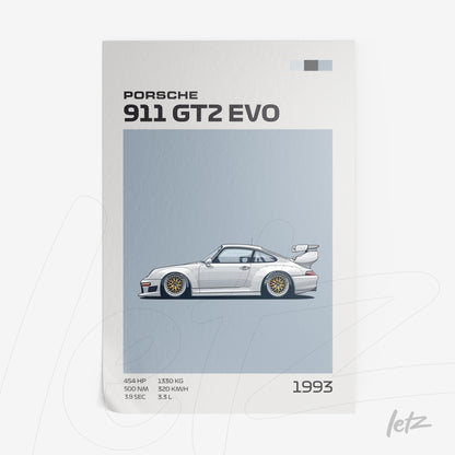 illustration of Porsche 911 GT2 EVO sports car from 1993 on light blue background
