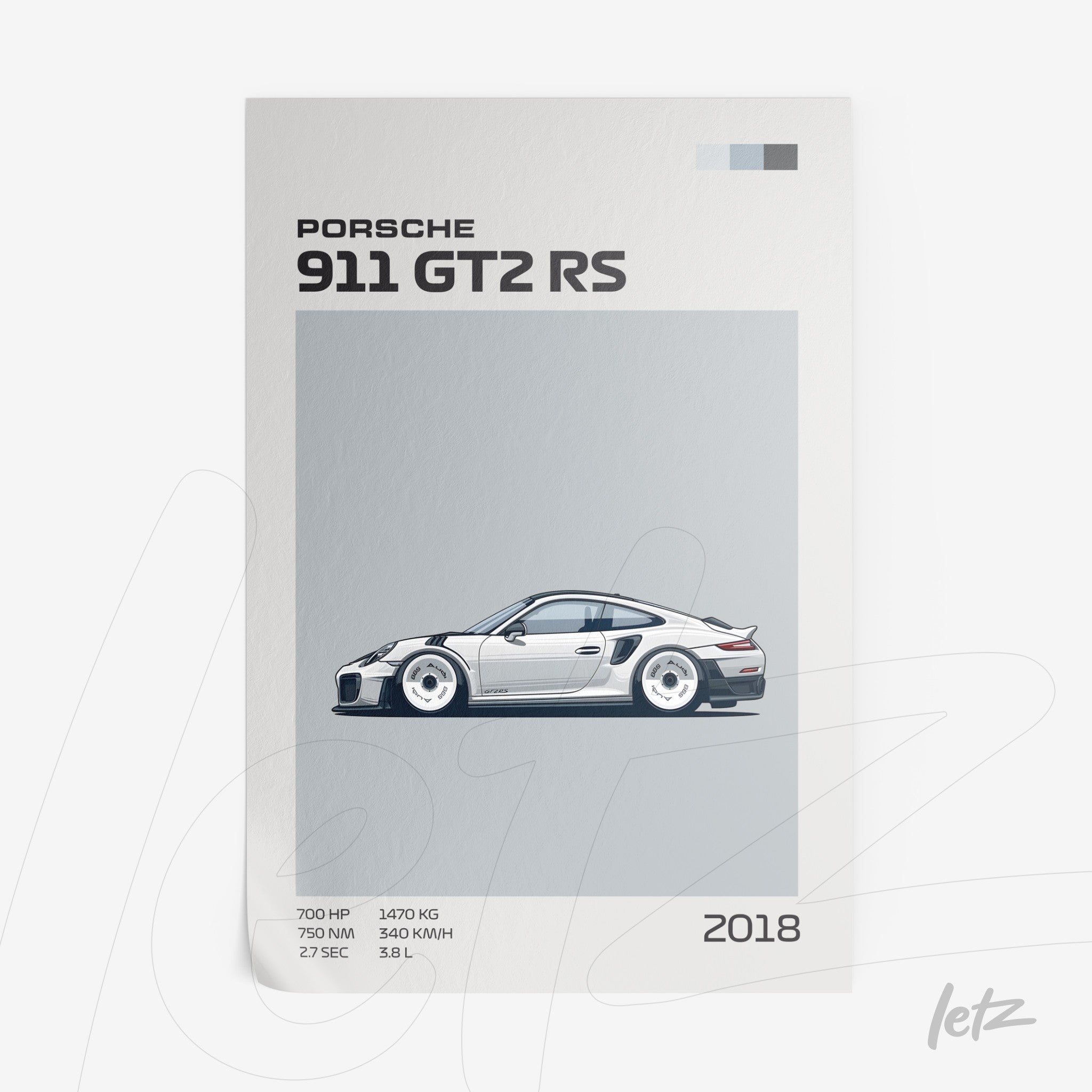 minimalist illustration of Porsche 911 GT2 RS sports car with gray background