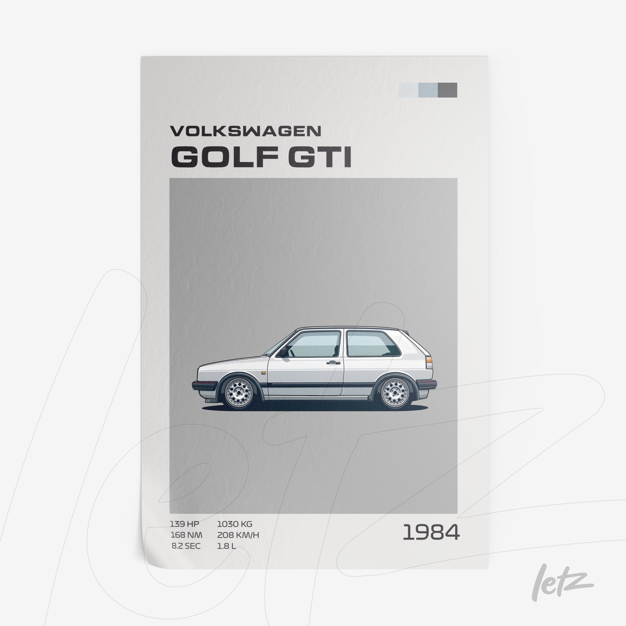 digital illustration of a 1984 Volkswagen Golf GTI against a gray background