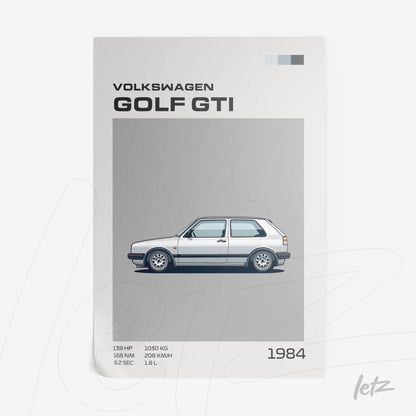 digital illustration of a 1984 Volkswagen Golf GTI against a gray background
