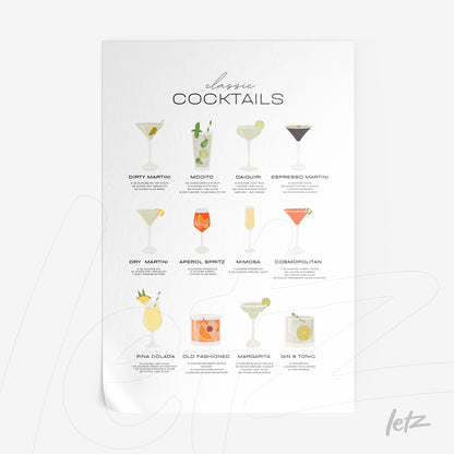 framed art with illustrations of classic cocktails on light background featuring dry martini, mojito, and piña colada arranged in rows