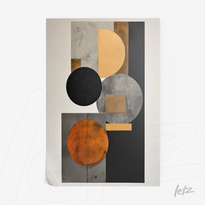 abstract wall art featuring geometric shapes in black, gray, orange, and gold on a light background