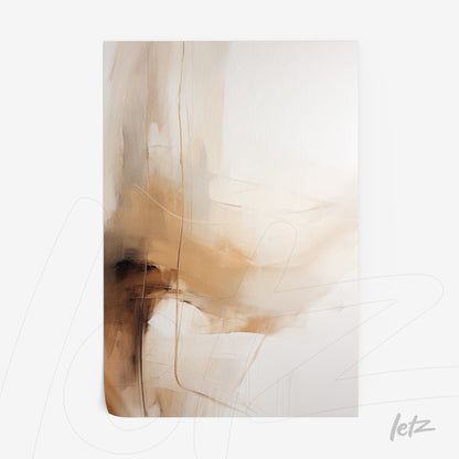 abstract art wall print featuring flowing brushstrokes in beige and brown on a light background