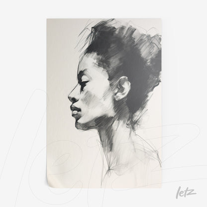 framed artwork featuring a monochromatic profile portrait of a black woman against a light background