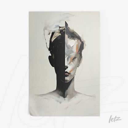 abstract wall art depicting a human face in black and white tones against a light background